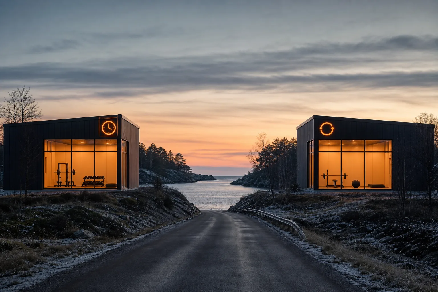 Stiliserad illustration av två upplysta gymlokaler på var sin sida om en vik, den ena märkt med tidig morgontid och den andra med en symbol för dygnet runt.