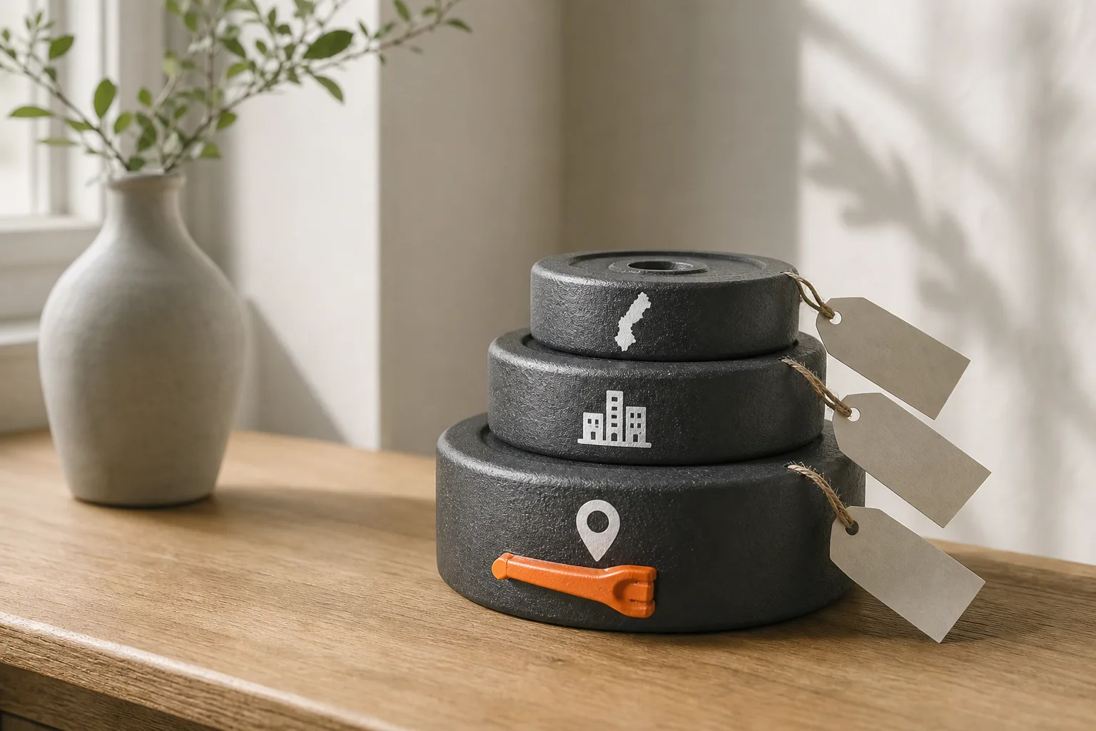 Stiliserad illustration av tre staplade viktskivor märkta ett gym, staden och hela landet, med en orange sprint satt i den nedersta nivån