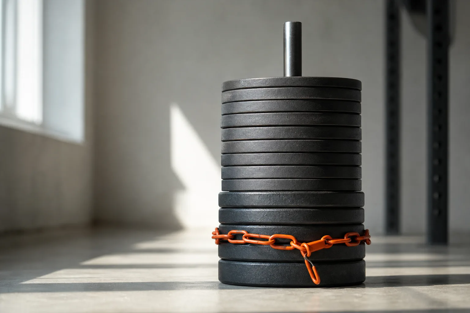 Stiliserad illustration av en stapel viktskivor där de nedersta tolv hålls samman av en orange kedja och sprint, medan skivorna längst upp står fria
