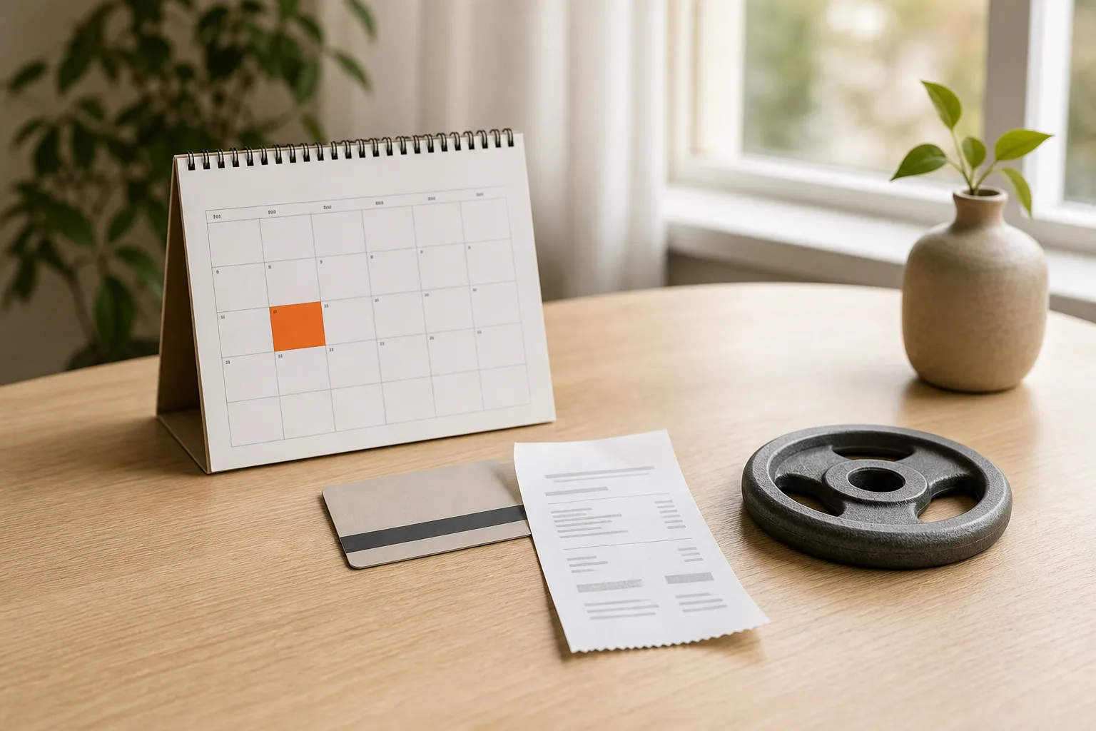 Stiliserad illustration av ett gymkort och ett kvitto som ligger på ett kalenderuppslag där december är markerad i orange, med en viktskiva märkt 5 000 kr bredvid.