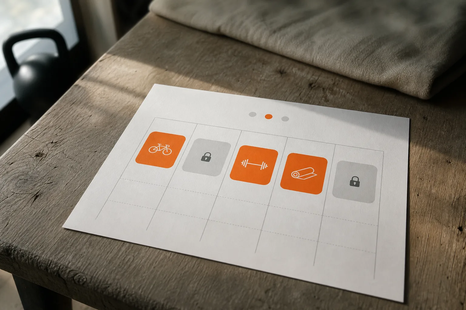 Stiliserad illustration av ett veckoschema med gruppträningspass, där några pass är markerade som bokade i orange och ett par rutor är låsta med hänglås