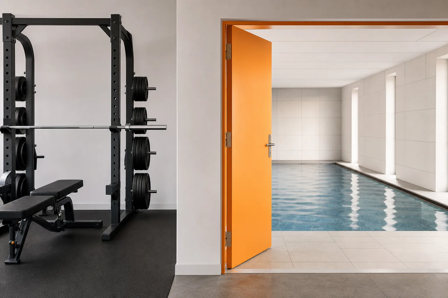 Stiliserad illustration av en vägg som delar ett gym från en bassäng, med en enda orange dörr som förbinder de två sidorna