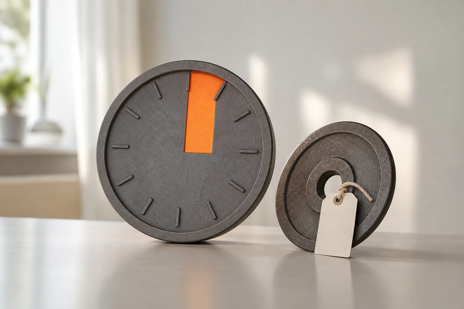 Stiliserad illustration av en urtavla där timmarna fem till femton är markerade i orange, bredvid en viktskiva med en prislapp