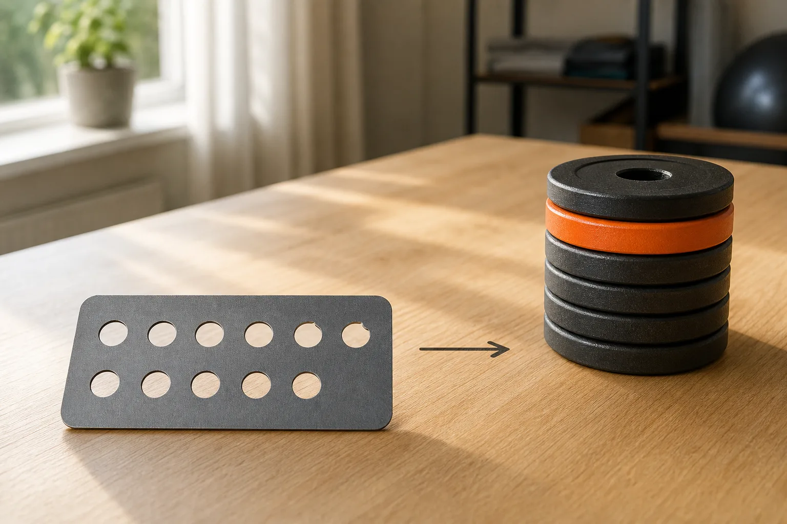 Stiliserad illustration av ett klippkort med tio stansade hål, varav några redan är klippta, bredvid en stapel viktskivor med en orange sprint isatt högt upp