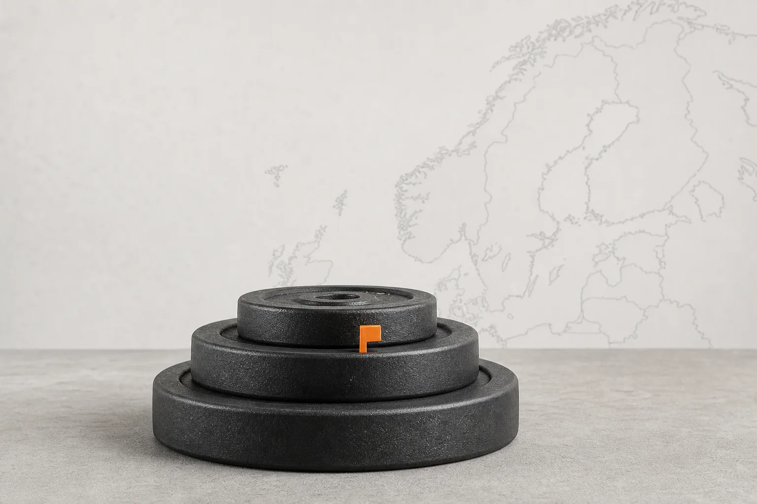 Stiliserad illustration av tre viktskivor i stigande storlek staplade som en trappa, med en orange markering på den mellersta skivan